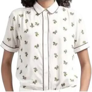 Les Coyotes De Paris Ida Flower Embroidered Blouse Ecru Collared Short Sleeve XS